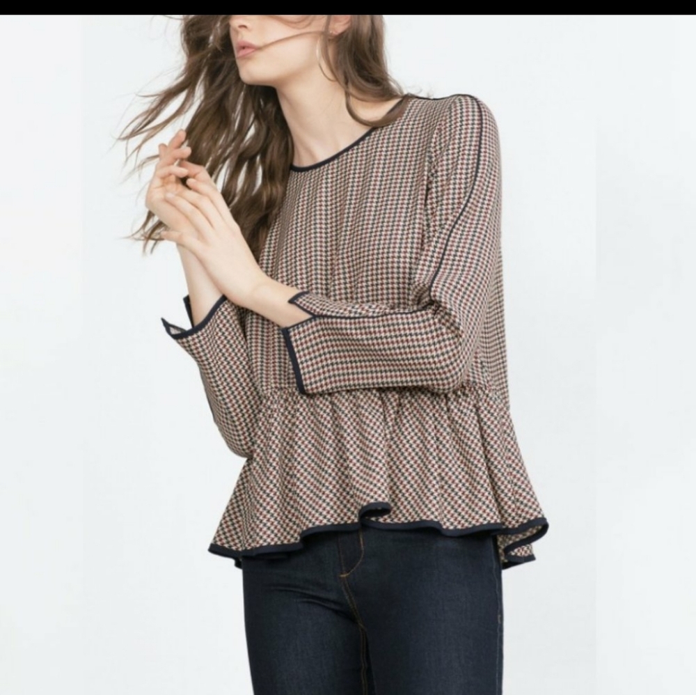 Zara Basic Houndstooth Peplum Blouse XS